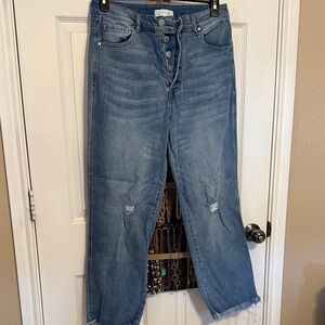 Risen Women's Blue Button front Jeans. Size 15/32. Distressed.